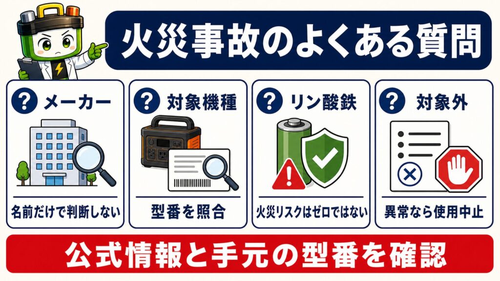 ポータブル電源火災のメーカー、対象機種、リン酸鉄、リコール対象外について確認するFAQ図解