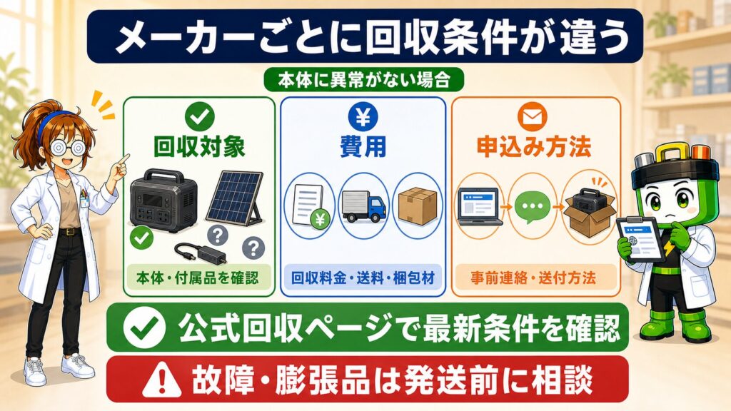 メーカー回収の対象製品、回収料金・送料・梱包材、事前連絡・送付方法をメーカーごとに確認するポイントを示す図解