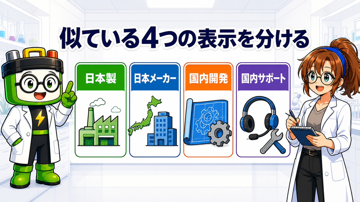 日本製、日本メーカー、国内開発、国内サポートの4区分