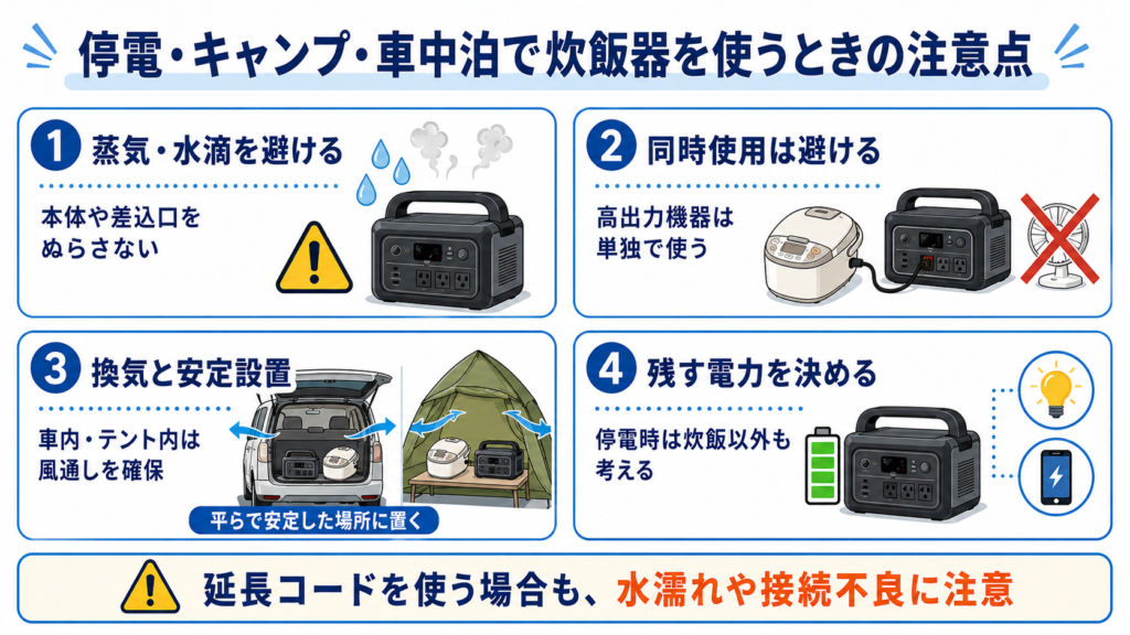 停電やキャンプ、車中泊でポータブル電源と炊飯器を安全に使う注意点