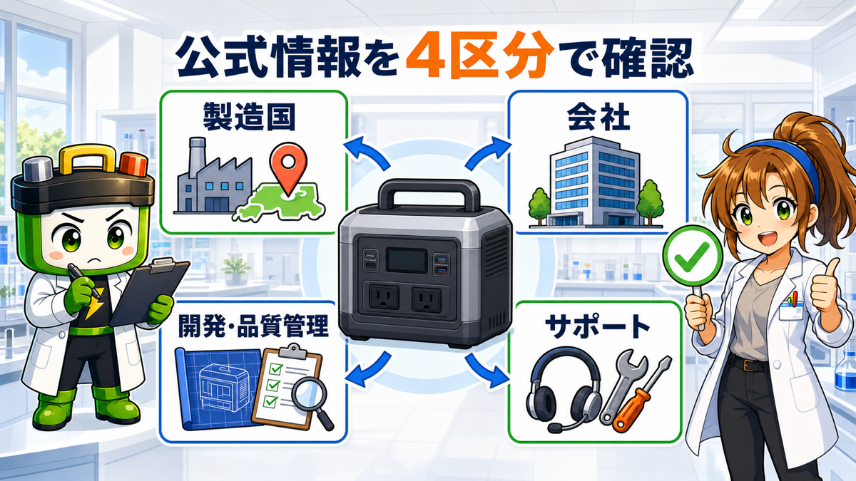 製品ごとの製造国、会社、開発、サポートを公式情報で確認する図