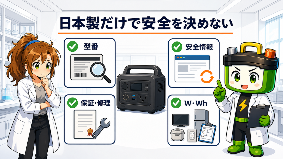 製造国だけでなく型番、安全情報、保証、WとWhを確認する図