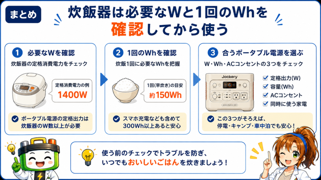 炊飯器の定格消費電力と1回の消費Whを確認してポータブル電源を選ぶ流れ