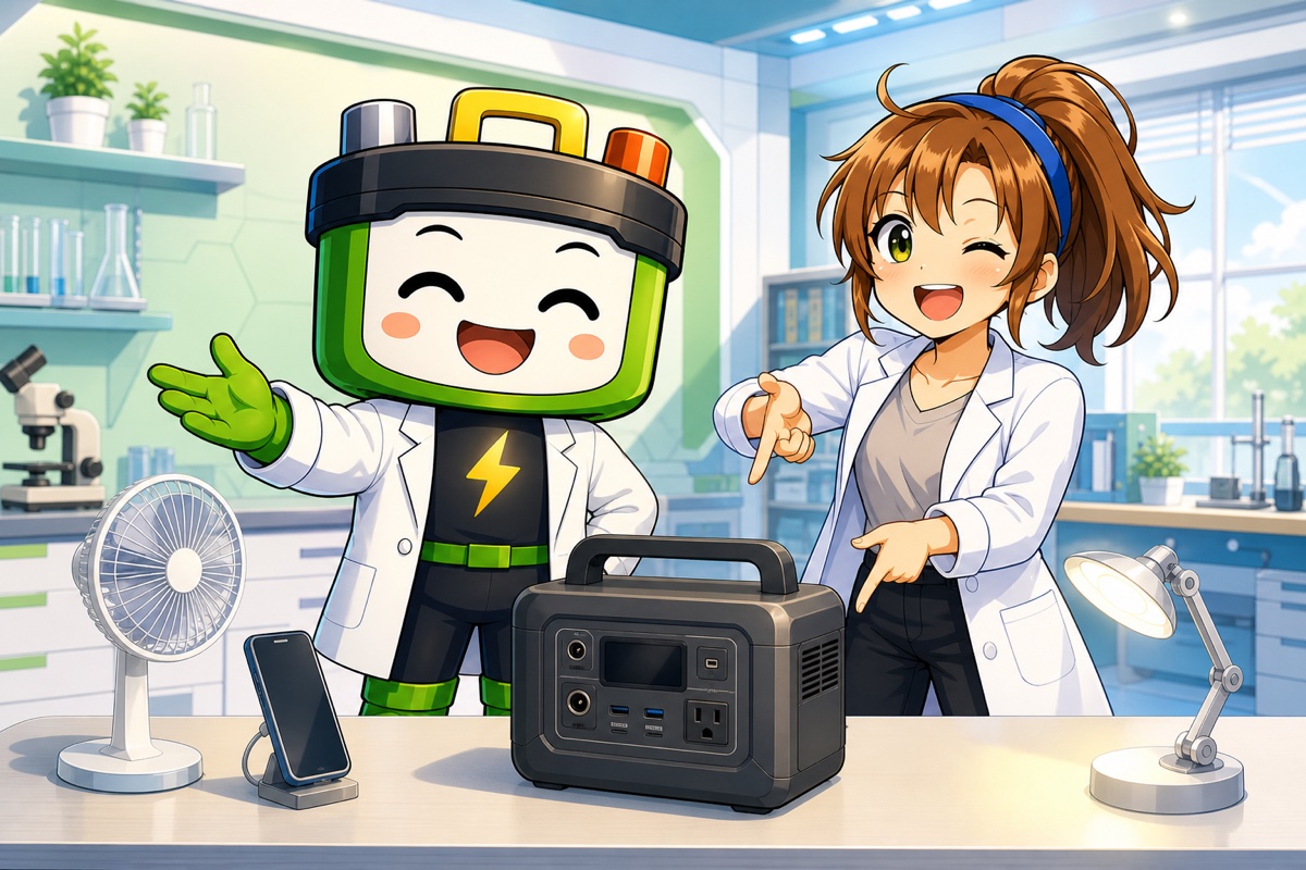 ワット博士とヒカリちゃんがポータブル電源選びを案内する歓迎イラスト
