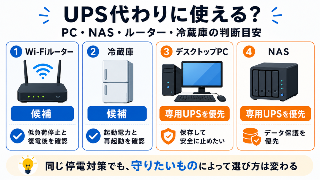 ポータブル電源と専用UPSの役割や機能の違いを比較した図