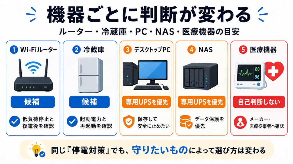 PCやNAS、ルーター、冷蔵庫でポータブル電源をUPS代わりに使う判断図