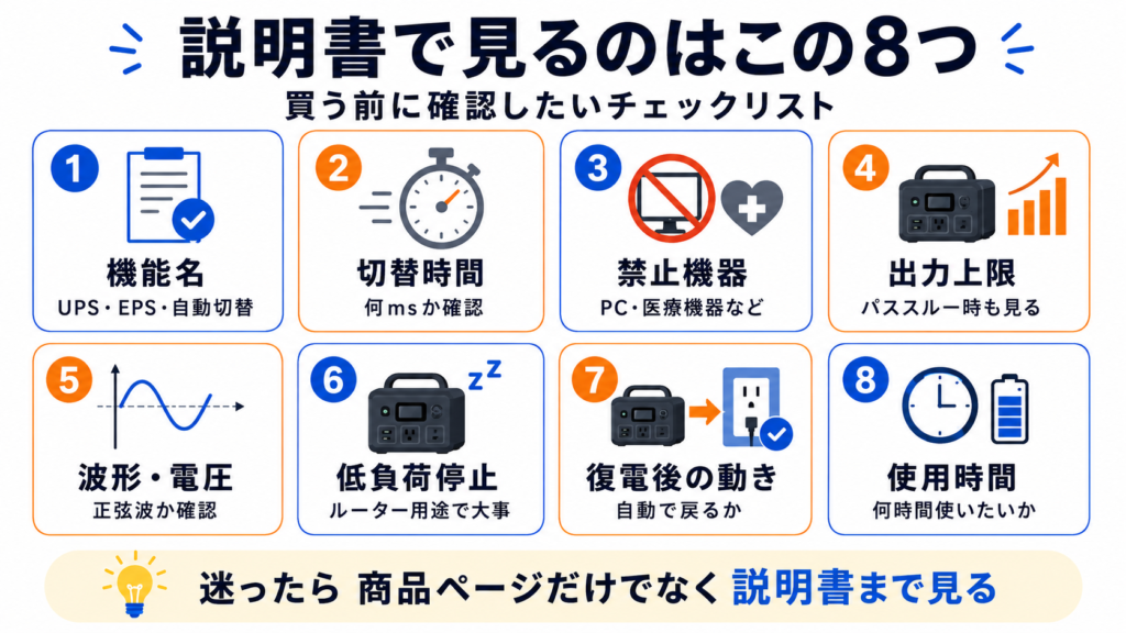 ポータブル電源のUPS機能を購入前に取扱説明書で確認する8項目
