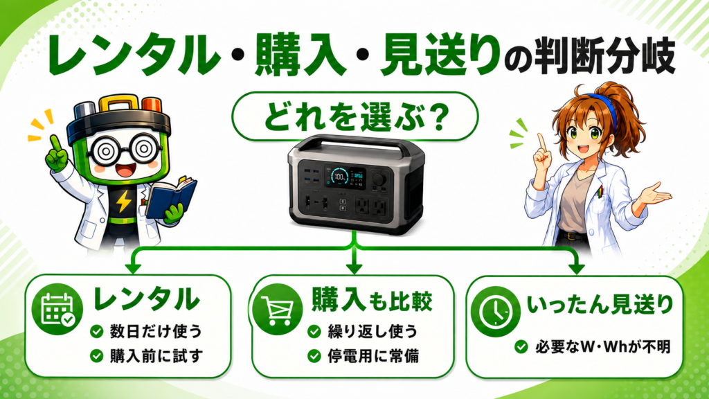 ポータブル電源をレンタル・購入・見送りの3択で判断する分岐図