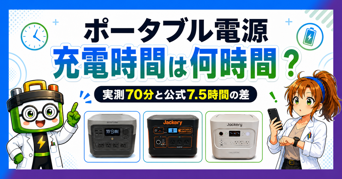 ポータブル電源の充電時間は何時間かを3台の製品とワット博士・ヒカリちゃんで示したアイキャッチ