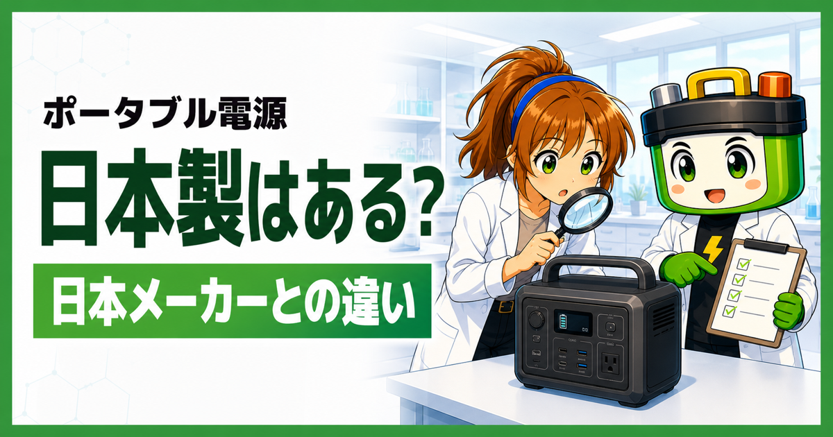 ポータブル電源の日本製と日本メーカーの違いを調べるワット博士とヒカリちゃん
