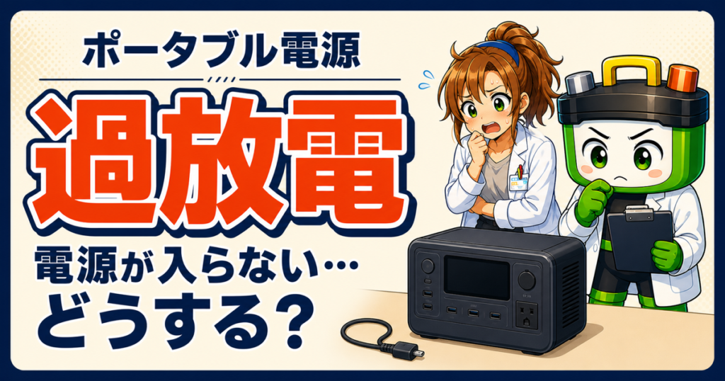ポータブル電源が過放電で起動しないときの対処を紹介するアイキャッチ