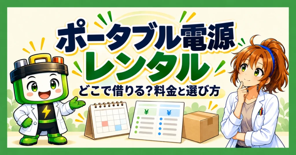 ポータブル電源のレンタル先、料金と選び方を案内するアイキャッチ。ワット博士とヒカリちゃん、カレンダー、料金比較用紙、配送箱を描いている。