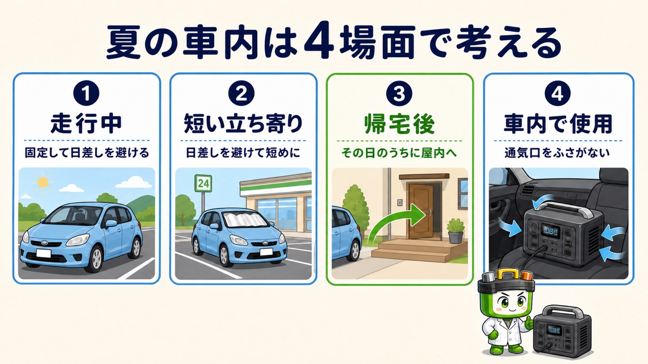 夏の車内でポータブル電源を扱う4つの場面と行動