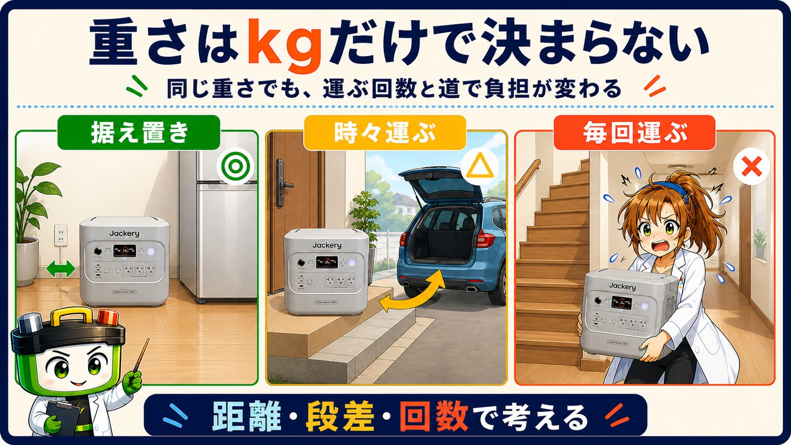 据え置き・時々運ぶ・毎回運ぶで同じ重さでも負担が変わる3場面