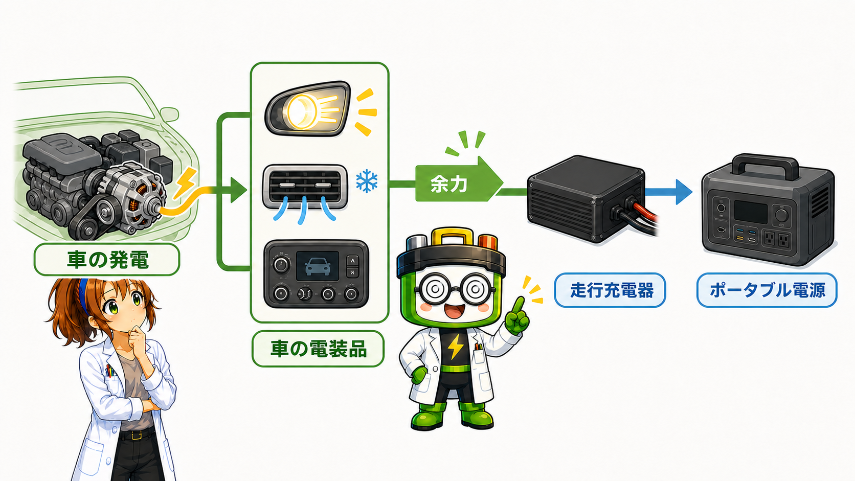 車の発電余力が走行充電器を通ってポータブル電源へ流れる仕組み
