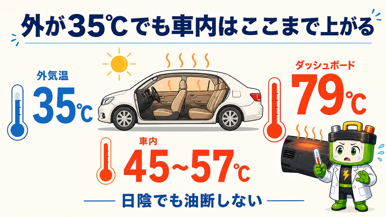 外気温35度で車内45から57度、ダッシュボード79度まで上がる図