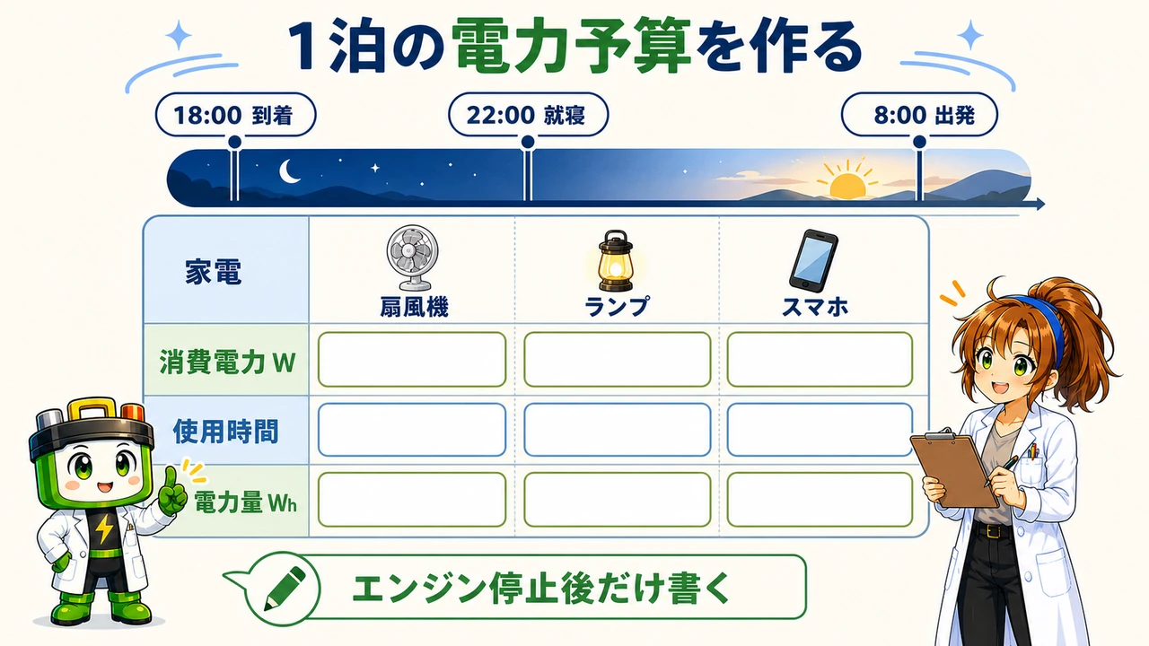 夜18時から翌朝8時までの車中泊1泊分の電力予算ワークシート