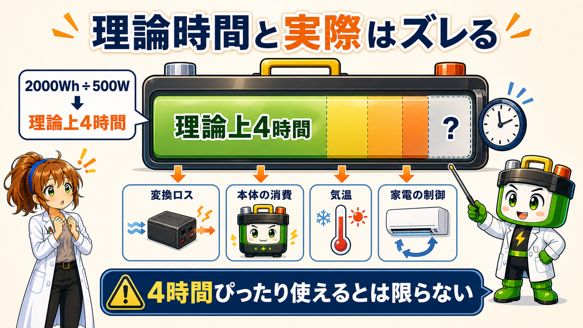 2000Whを消費電力Wで割る理論時間と実使用との差を示す図