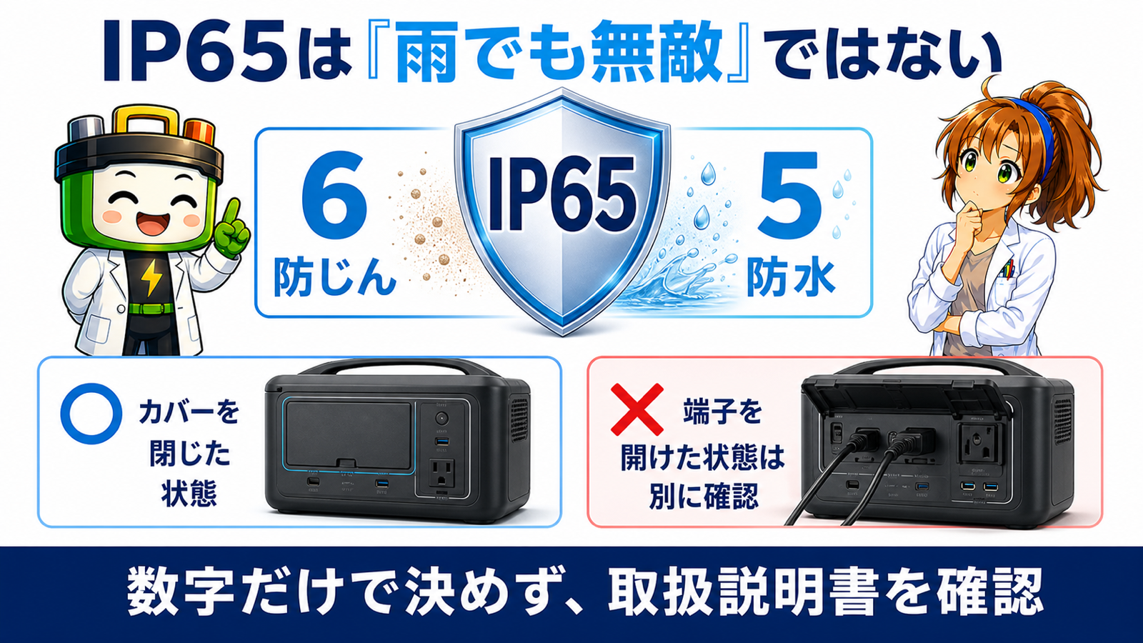 IP65の2つの数字と端子カバーを開けた状態の注意を示す図