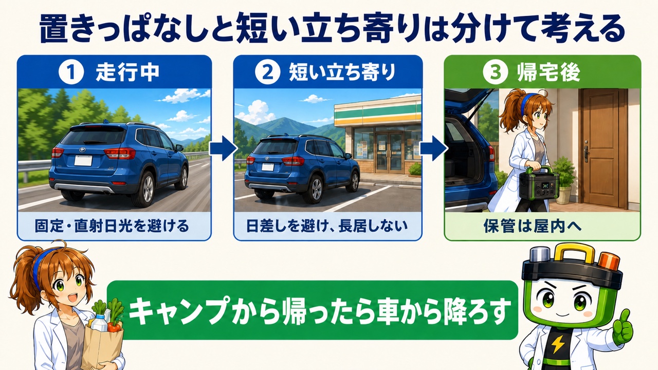 走行中と短い立ち寄り、帰宅後のポータブル電源の扱い方