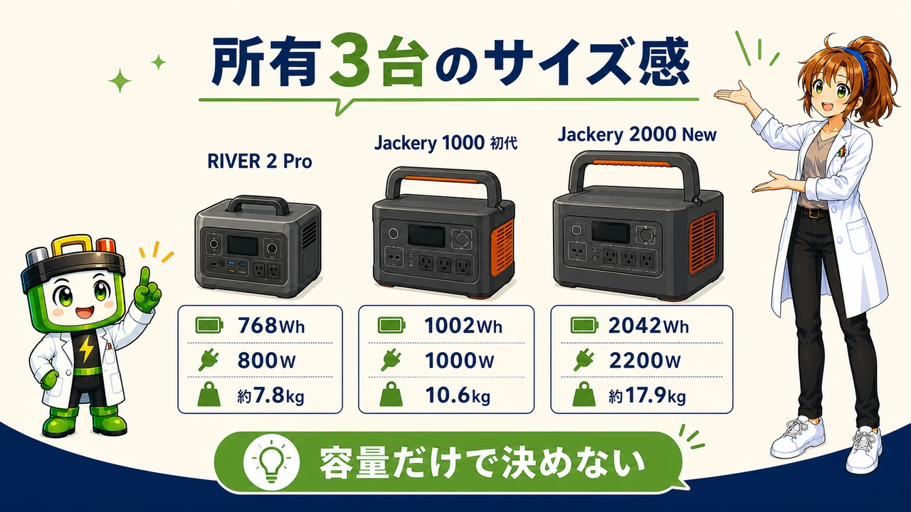 RIVER 2 Pro・Jackery 1000初代・Jackery 2000 Newの容量・定格出力・重量比較