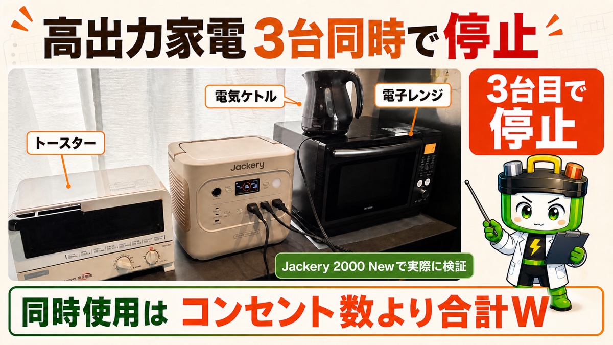 Jackery 2000 Newで電気ケトル・電子レンジ・トースターを同時に動かし、3台目で停止した結果