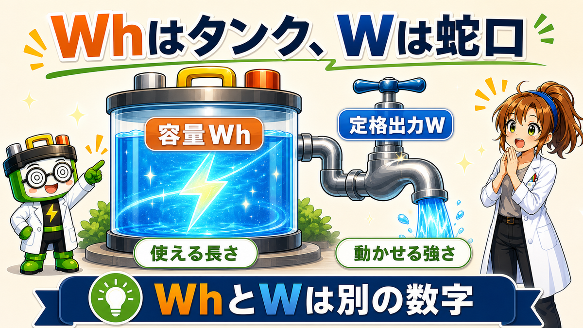 ポータブル電源の容量Whと定格出力Wの違いをタンクと蛇口で示す図