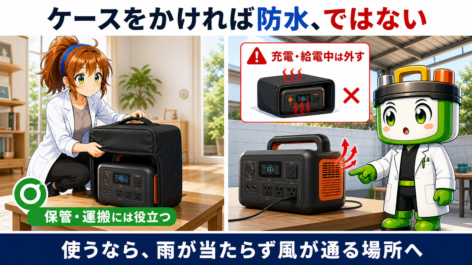 ケースの保管利用と充電・給電中の通気を比較する図