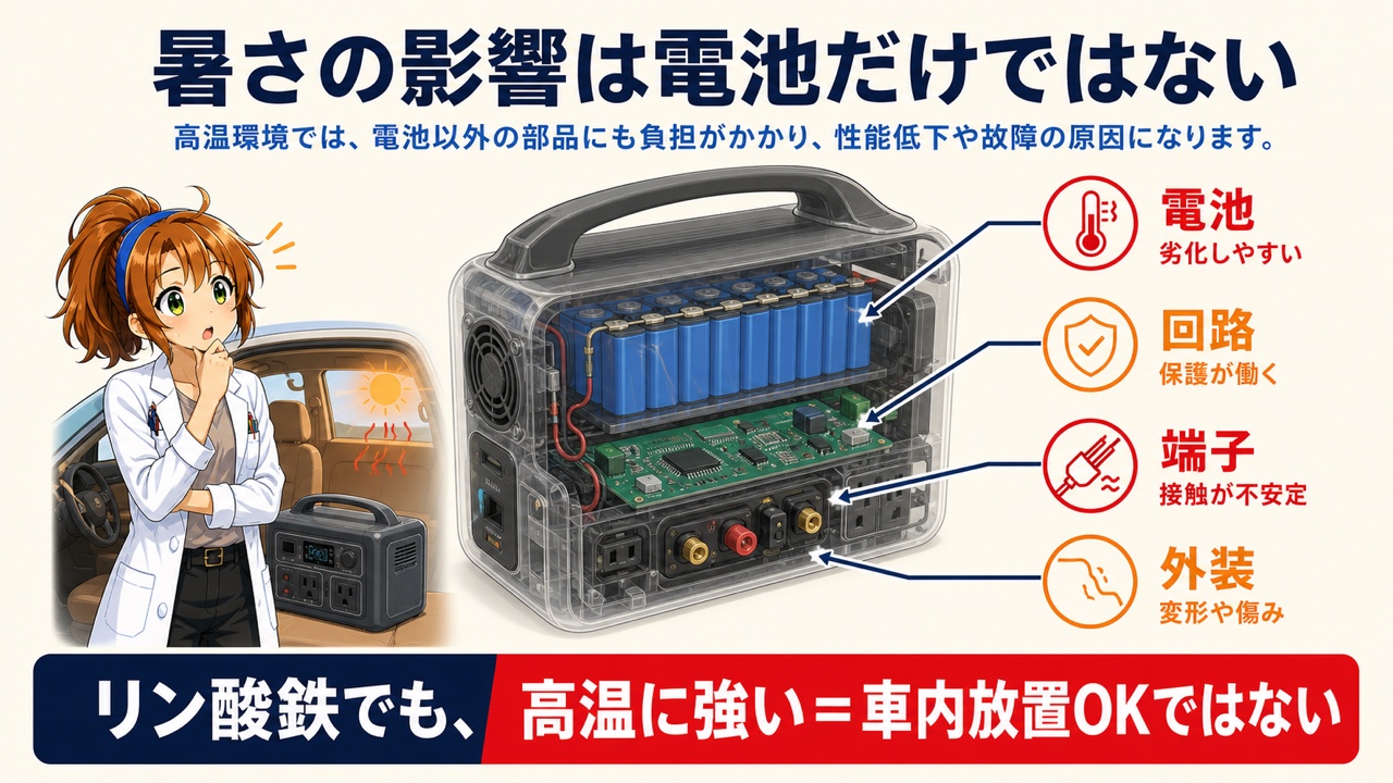 高温がポータブル電源の電池、回路、端子、外装へ及ぼす影響