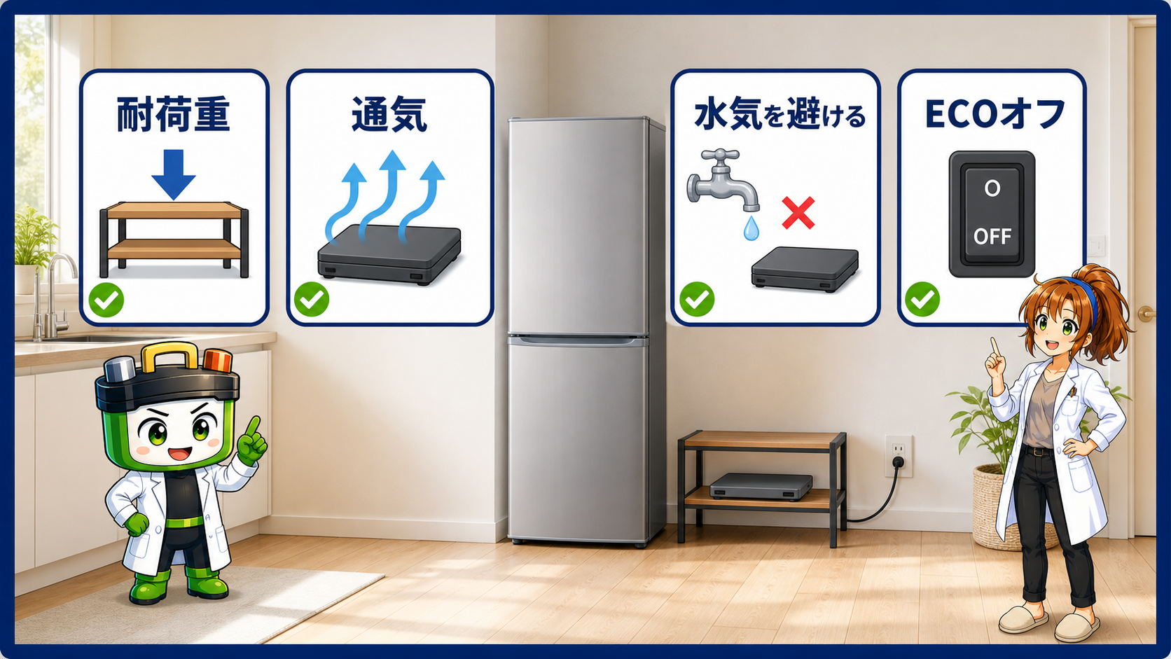 冷蔵庫用バックアップ電源の設置前に耐荷重、通気、水気、ECO設定を確認する図