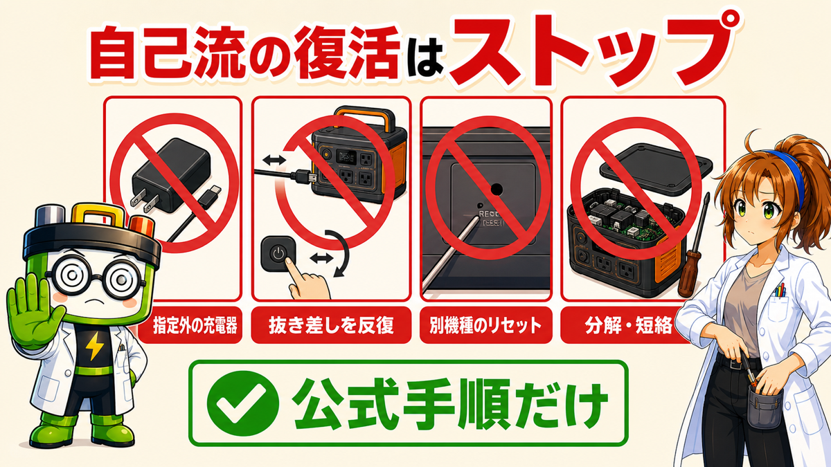 ポータブル電源で避けたい低電流充電器や分解などの自己流対処
