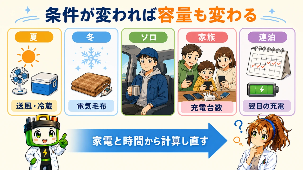 夏・冬・ソロ・家族・連泊で変わる車中泊の電力条件