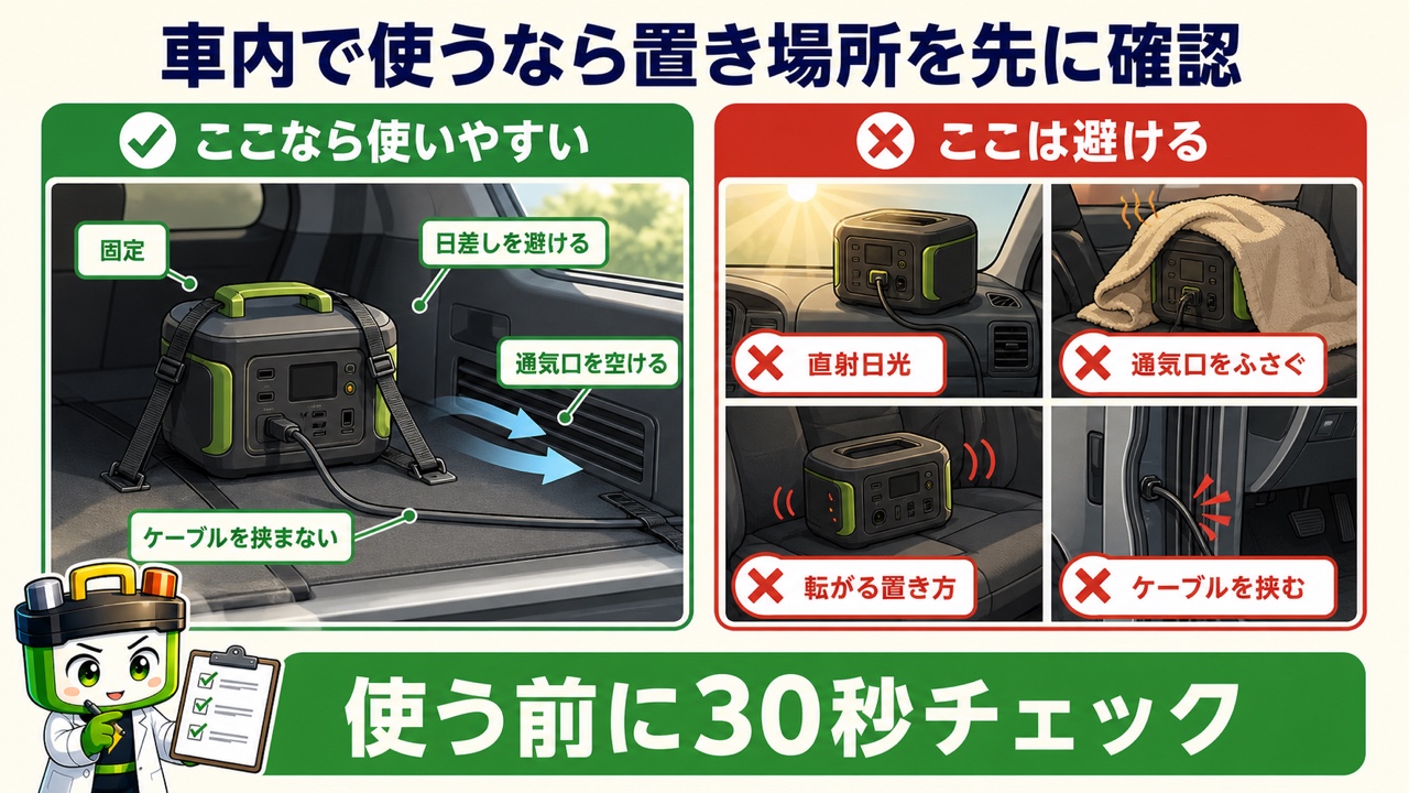 車内でポータブル電源を使うときの良い置き場所と避けたい置き場所