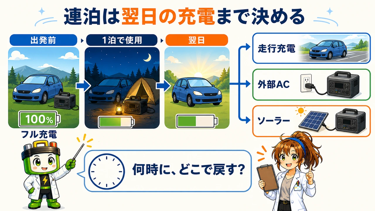出発前フル充電から1泊使用後に走行充電・外部AC・ソーラーで戻す流れ