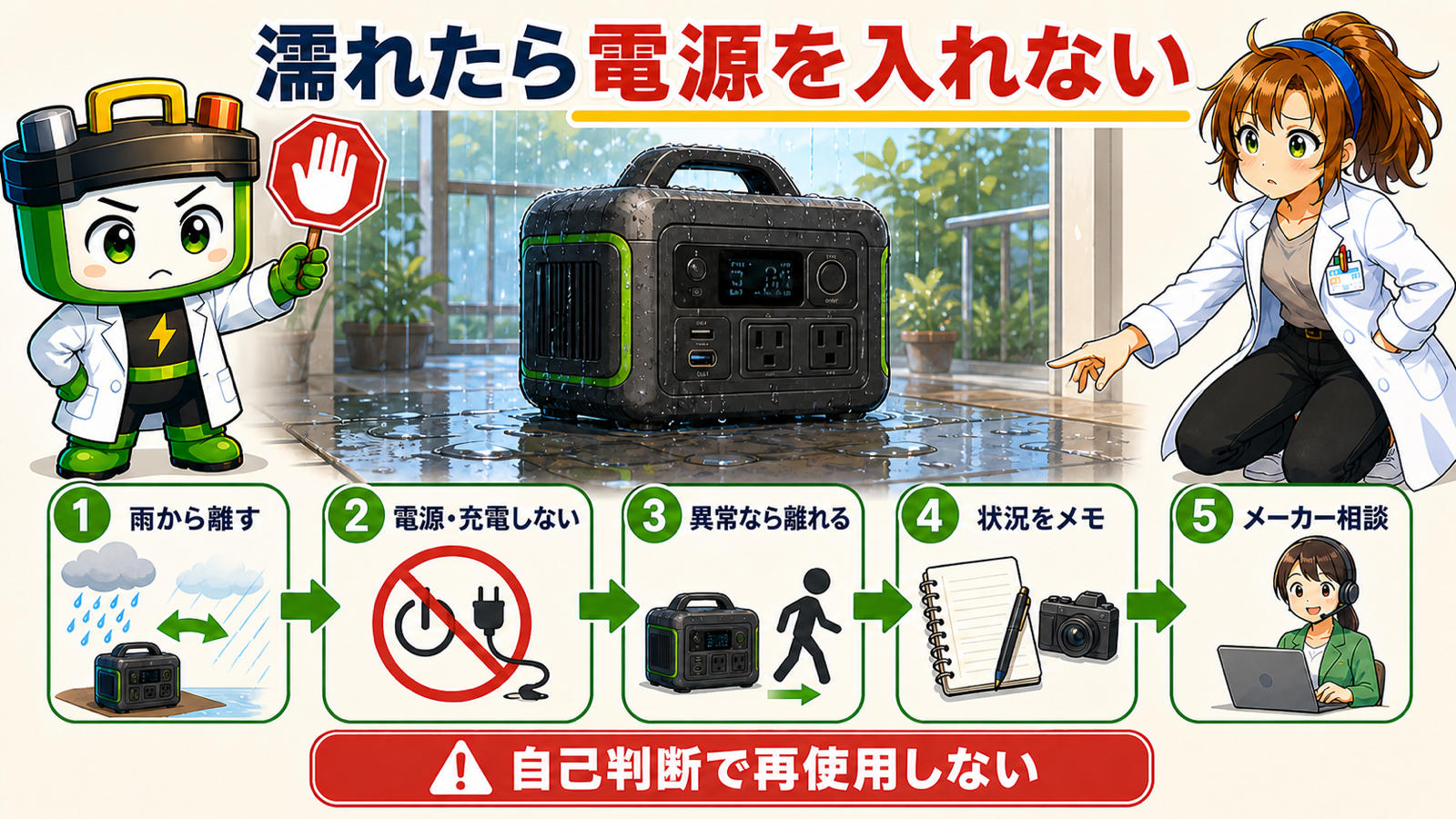 濡れたポータブル電源へ通電せずメーカーへ相談する5手順