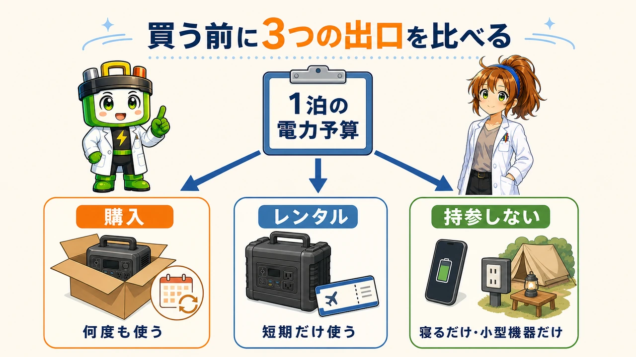 車中泊用ポータブル電源を購入・レンタル・持参しないで選ぶ分岐図