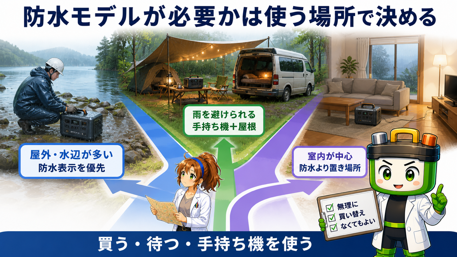 使用場所から防水モデル、手持ち機、屋内運用を選ぶ分岐図