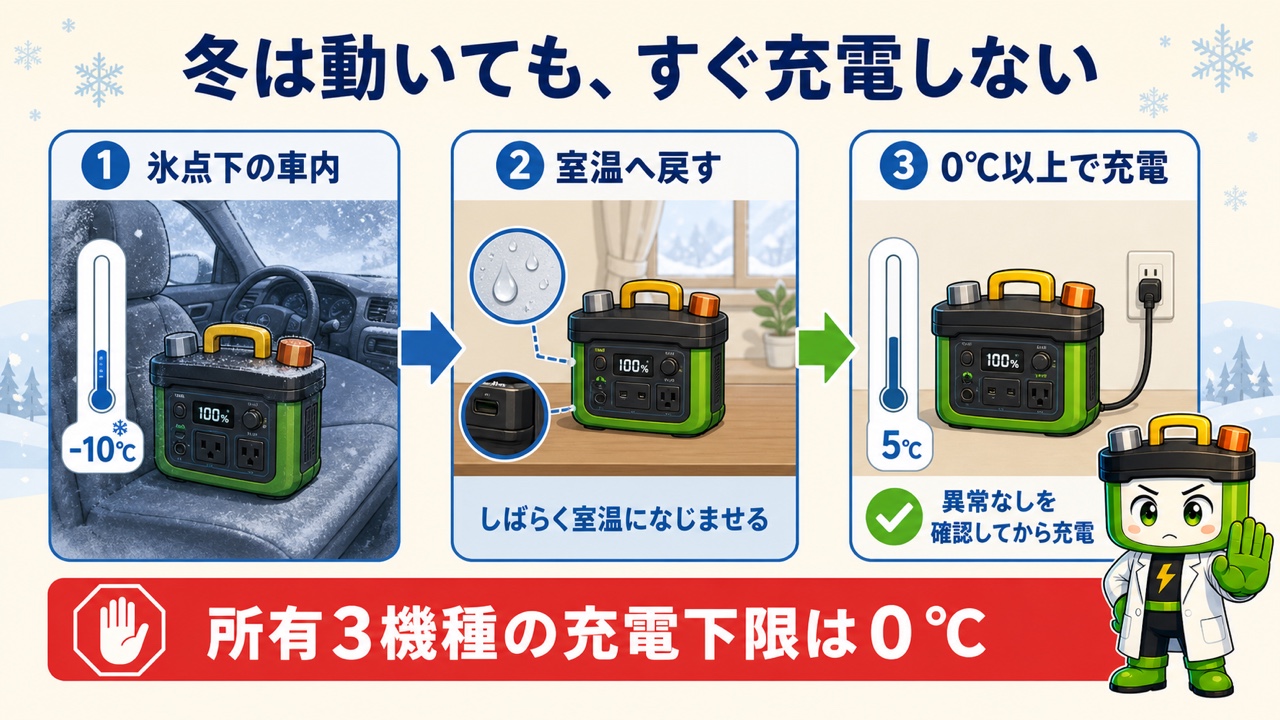 冬の車内で冷えたポータブル電源を室温へ戻してから充電する流れ