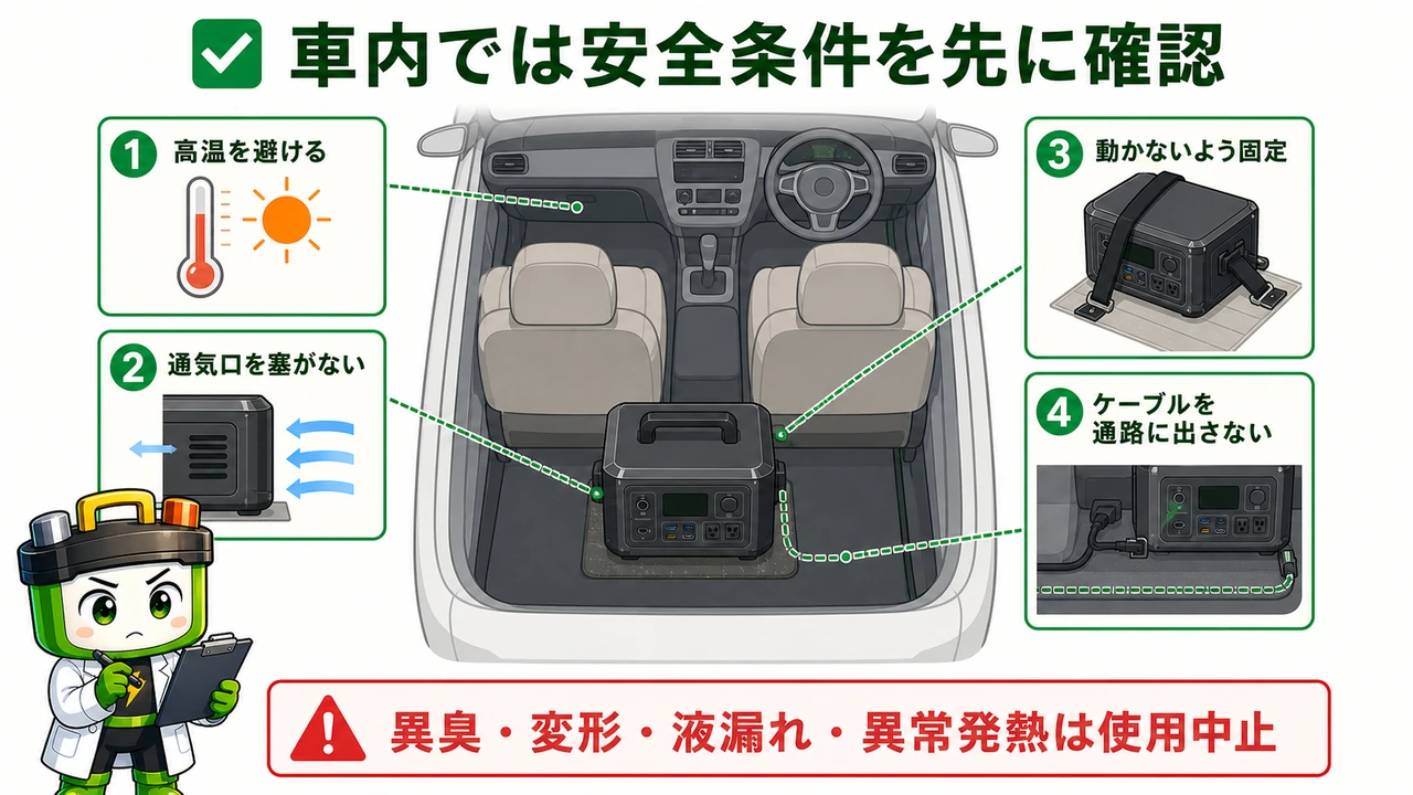 車内で高温・通気口・固定・ケーブルを確認する安全図