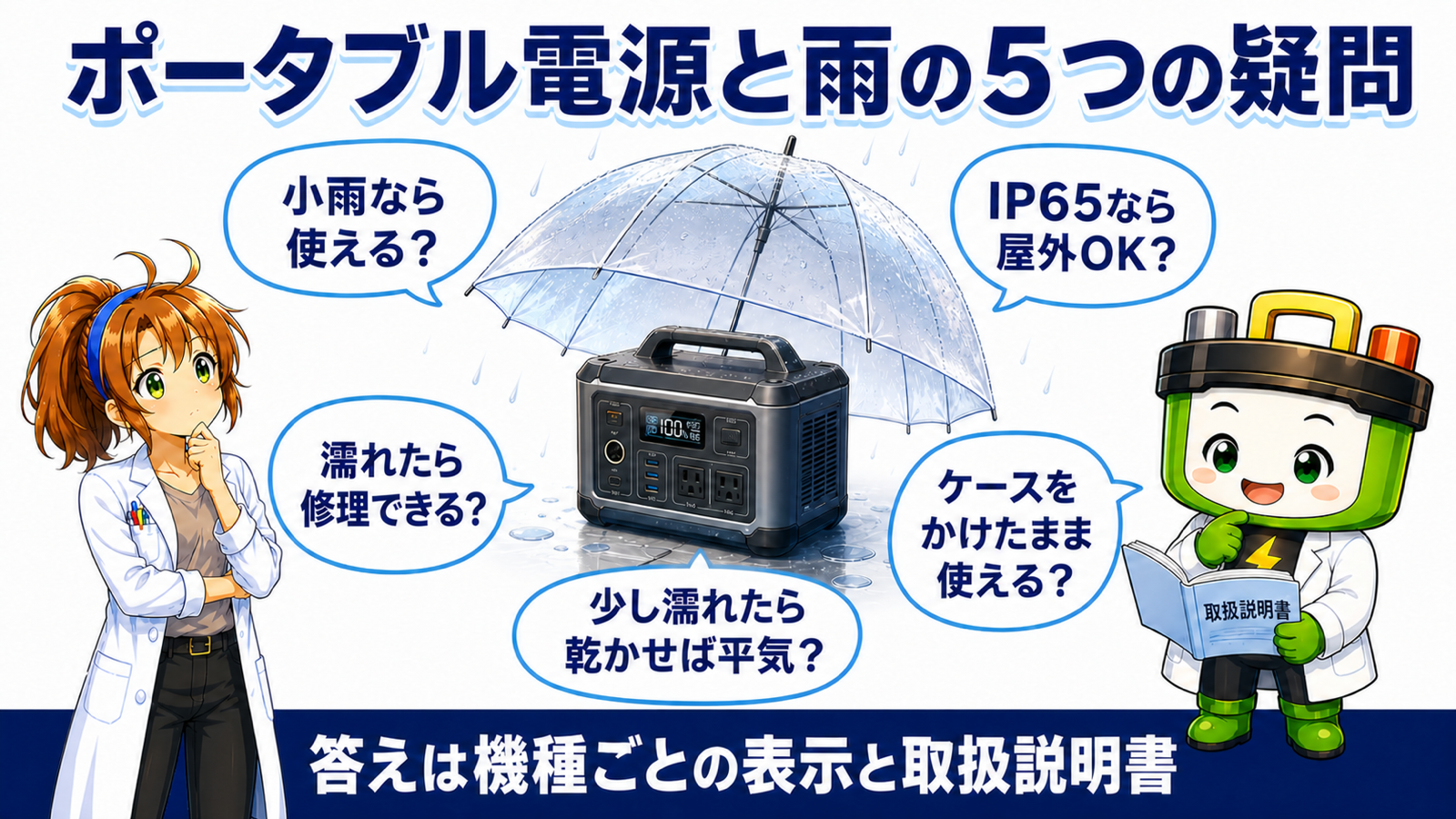 ポータブル電源と雨に関する5つの疑問を示す図