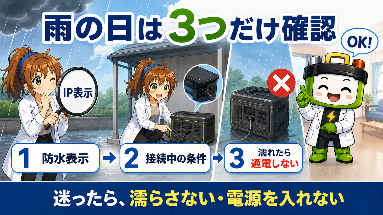 防水表示、接続中の条件、濡れた後の通電禁止を確認する3ステップ