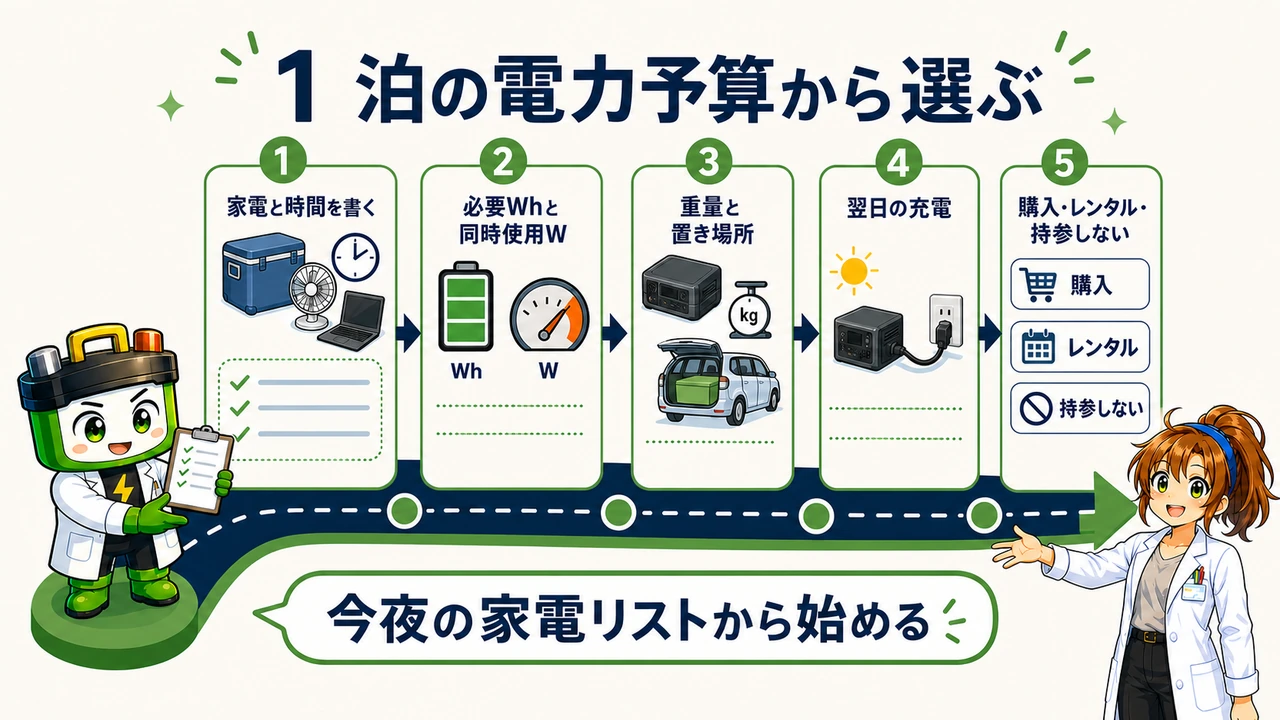 家電と時間から必要Wh・W・重量・充電方法・利用方法を決める5ステップ