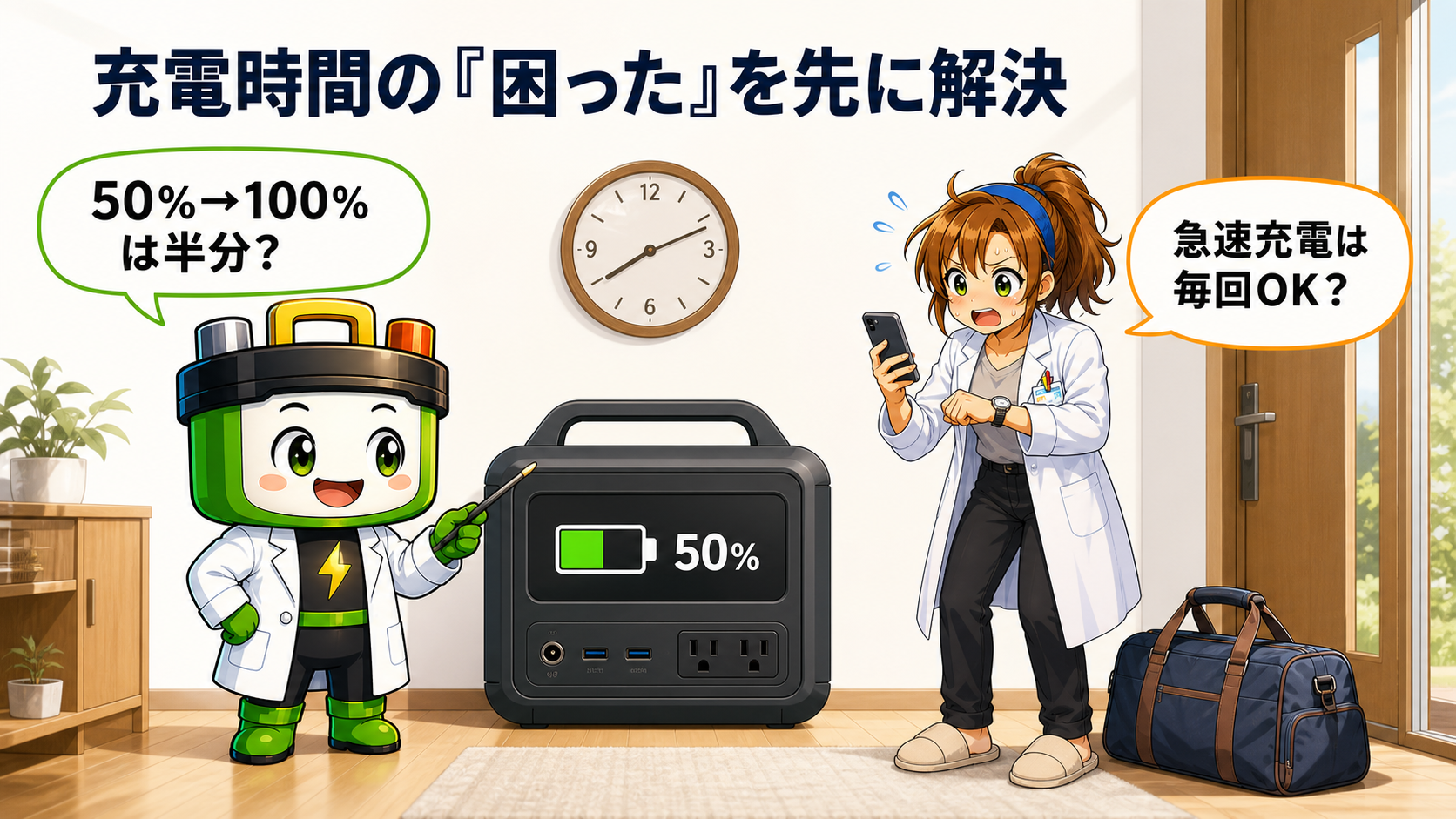 出発前にポータブル電源の残量50%と時計を見て充電時間を確認する場面
