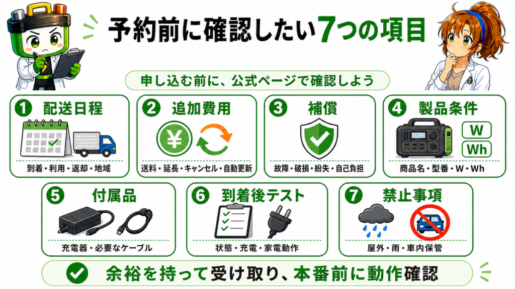 ポータブル電源を予約する前に確認したい配送日程・追加費用・補償・製品条件・付属品・動作確認・禁止事項の7項目