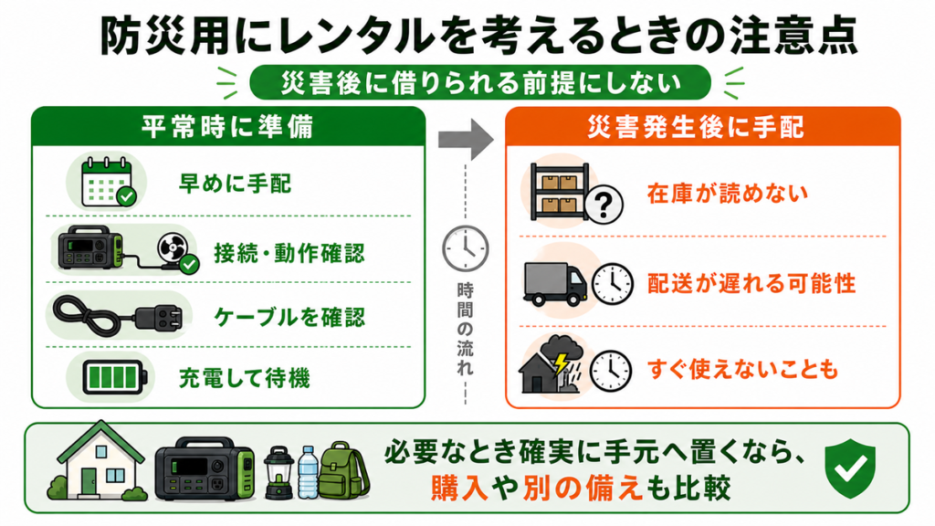 防災用レンタルについて平常時の準備と災害発生後の手配を比較した図