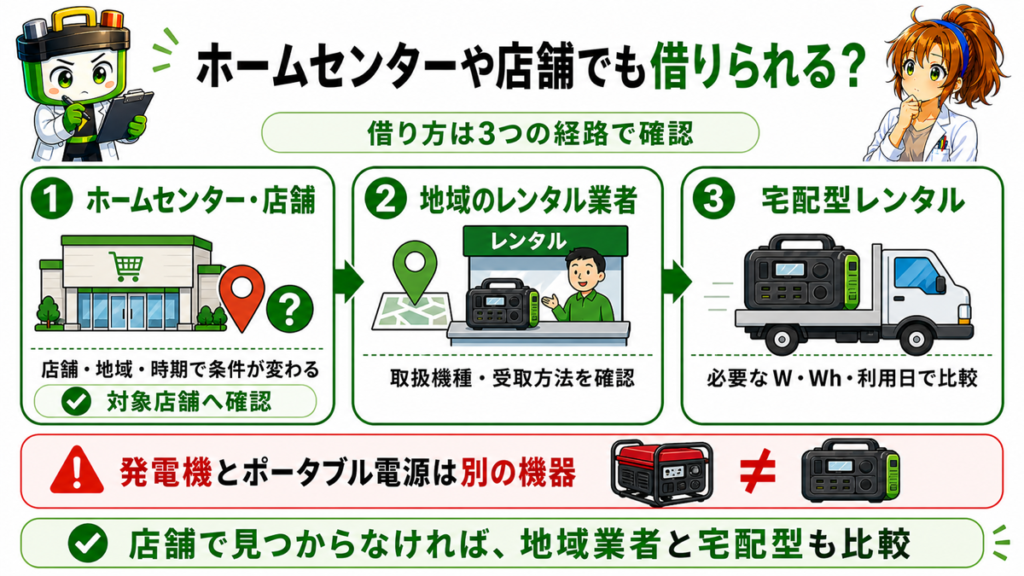 ポータブル電源をホームセンター・地域のレンタル業者・宅配型サービスで探す3つの経路