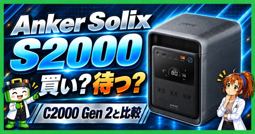 Anker Solix S2000の本体と「買い？待つ？」「C2000 Gen 2と比較」の文字、ワット博士とヒカリちゃんを配置したアイキャッチ