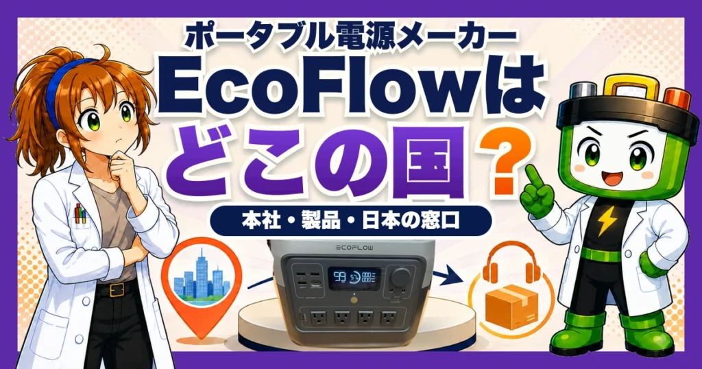 EcoFlowはどこの国かを、実際に持っているRIVER 2 Proと本社・製品・日本の販売会社で示したアイキャッチ