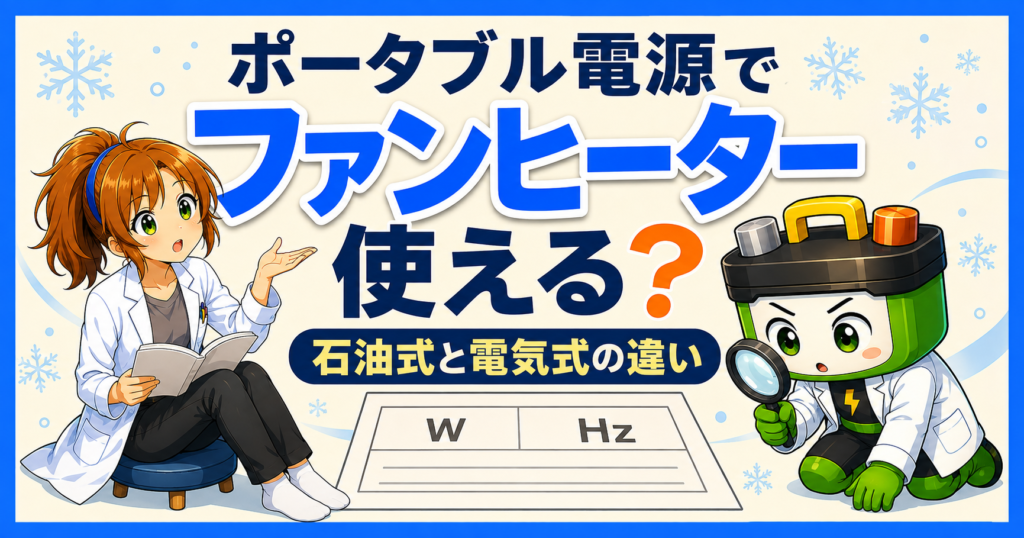 ポータブル電源でファンヒーターは使える？石油式と電気式の違いを調べるヒカリちゃんとワット博士