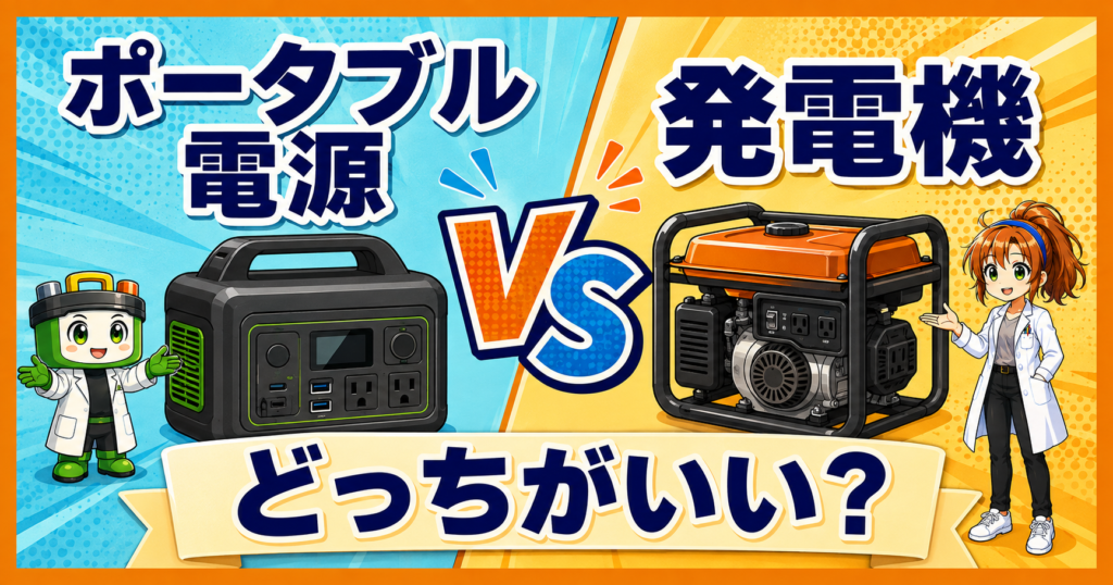 ポータブル電源と発電機を左右に並べ、ワット博士とヒカリちゃんがどちらを選ぶか考えるVS比較イメージ